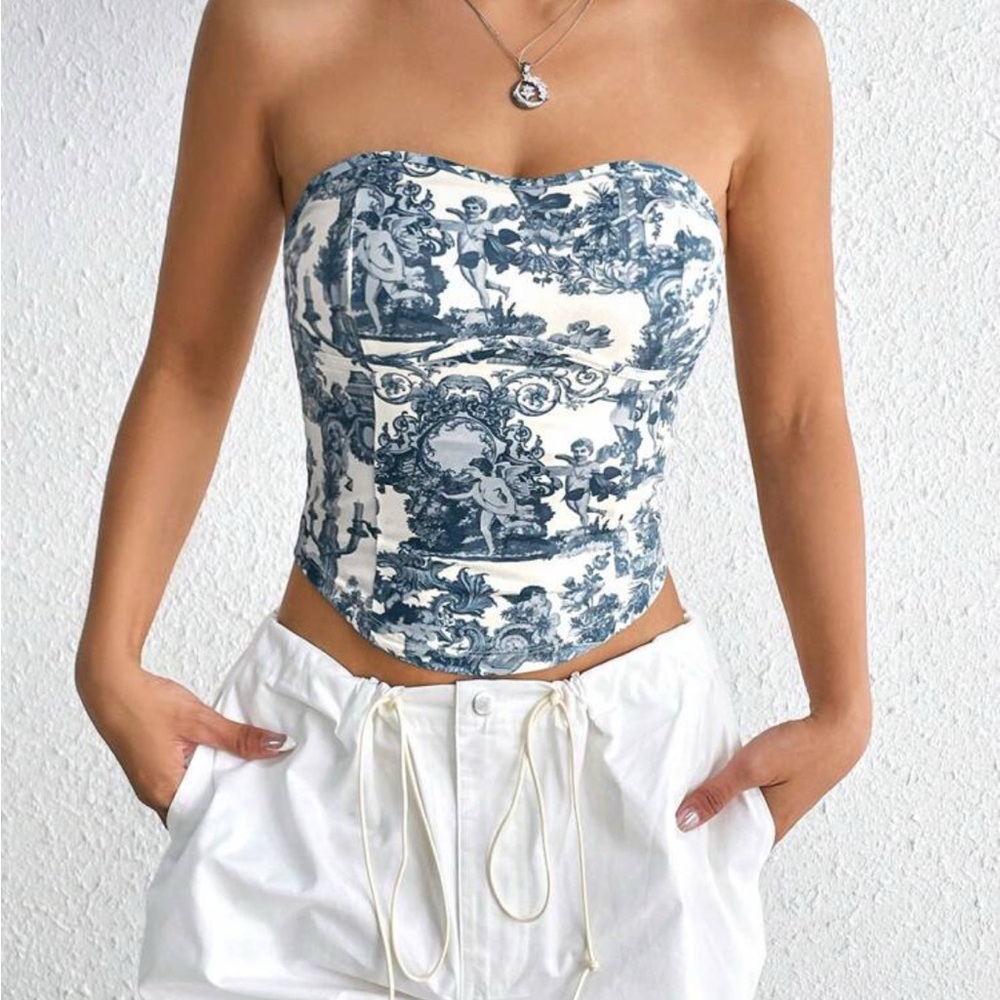 Blue Toile Strapless Crop Top - Unbranded